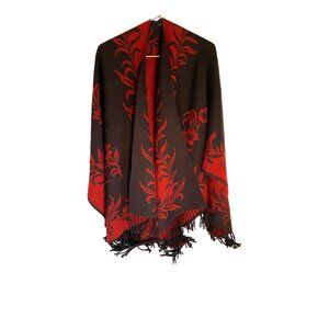 Shawl Reversible Red & Black Floral Patterned Wool Blend  With  Fringe Edges